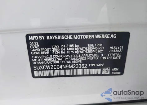 2022 BMW X7 xDrive40I из США, поврежденный, VIN 5UXCW2C04N9M23362